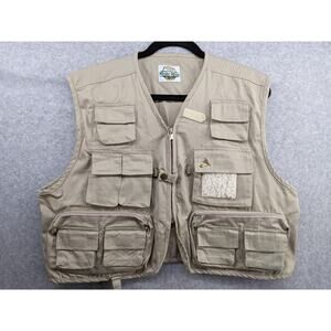 White River Fly Shop Fishing Vest 100% Cotton Tan Khaki Pockets Zip Sz L Utility